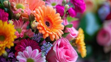 ai generado brillante ramo de flores de grande flores de cerca en borroso de colores antecedentes. foto