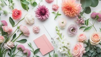 AI Generated Top view of delicate pink and purple flowers and blank pink postcard on white background. Festive floral arrangement. photo