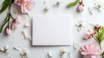 ai generado Bosquejo de blanco papelería tarjeta en blanco mesa con marco de primavera blanco y rosado flores foto