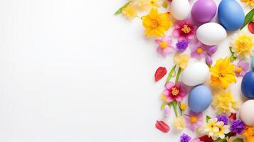 ai generado Pascua de Resurrección saludo tarjeta con decorado huevos y primavera flores foto