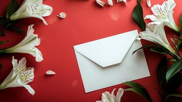 AI generated White lilies and empty envelope on coral background. White Paper Envelope With Space For Text. photo