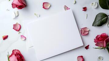 ai generado saludo tarjeta modelo en un antecedentes de flores y Rosa pétalos blanco blanco formar aislado en un blanco antecedentes con espacio para texto. foto