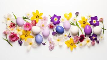 AI generated Decorative Easter background of spring flowers and glazed eggs on white background. photo