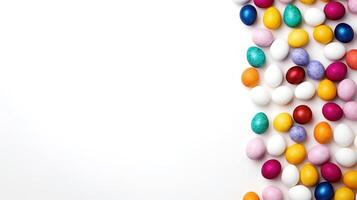 AI generated Colorful Easter eggs on white background with copy space for text. photo