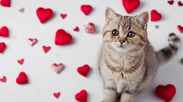 AI generated Cute kitten on a blurred light background decorated with small red hearts. A cat's gaze overflowing with tender emotions. photo