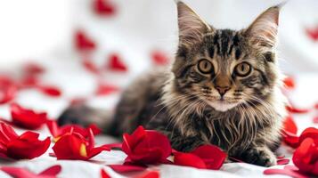 ai generado retrato de un mullido pequeño gatito en un borroso antecedentes con selectivo enfocar. un linda siberiano gatito mentiras en un cama con rojo Rosa pétalos foto