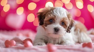 AI generated Cavalier King Charles Spaniel puppy lies and poses against a blurred crimson background with bokeh lights and pink hearts. Studio photo, holiday concept. photo