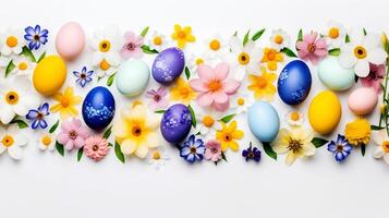AI generated Colorful Easter eggs and flowers border on white background, top view. photo