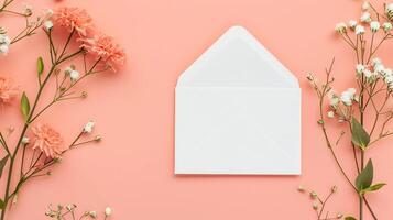 AI generated Floral holiday greeting card template. White empty envelope, Delicate gypsophila and carnation flowers on a peach background. photo