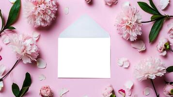 AI generated Creative layout made of flowers and envelope on pink background. Floral arrangement. White envelope, white flowers on pink background. photo