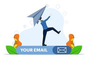 Email subscription to send newsletter for product promotions and updates, businessman launching origami paper airplane on email subscription form on website, online communication and marketing concept vector