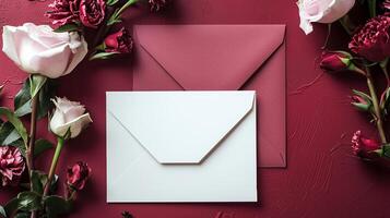 AI generated Two envelopes with space for text and a bouquet of flowers on a burgundy background, top view. Spring floral arrangement for holiday messages and congratulations. photo