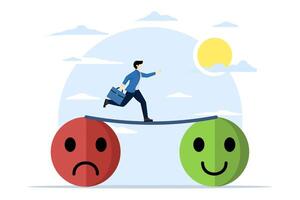 caring thinking concept, Relaxation makes anxiety or stress happy, bipolar disorder, businessman walking from sad face to happy face, optimistic relief or mental illness therapy. vector illustration.