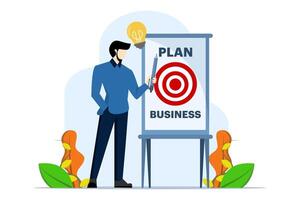 Writing business plan to list ideas, businessman holding light bulb idea pencil going to write business plan on blackboard, strategy and develop plan for success and win business competition concept. vector