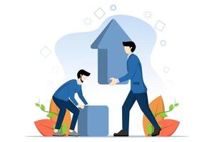 Teamwork concept in business. Business team putting up blocks with up arrow symbol, business growth concept, work environment helping each other to succeed. flat vector illustration.