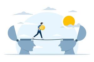 concept of Skills training or job transition, sharing knowledge or sharing ideas between employees or teams, businessman holding idea light bulb walking on bridge from human brain to another brain. vector