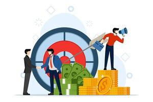 planning and strategy, business target concept, business analyst and teamwork, achievements, arrows, characters working together in achieving goals. vector flat illustration on white background.