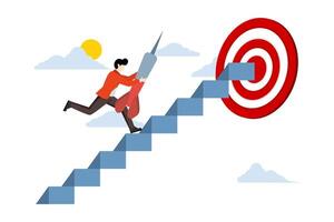 Concept of successful steps to achieve business goals, challenge concept, cheerful businessman carrying darts on ladder to reach dartboard target. developing a journey or goal to achieve a goal. vector