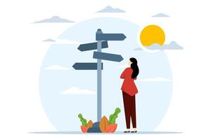 Concept of business decision making, career path, businesswoman confusion looking at various road signs with question marks and thinking about where to go, concept of choosing the right way for succes vector