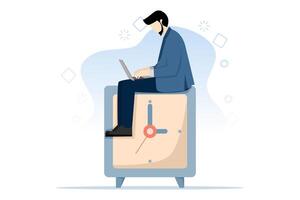 After hours worker concept, confident businessman using laptop computer sitting in evening working hours with his colleagues in another country, working overtime or different working time concept. vector