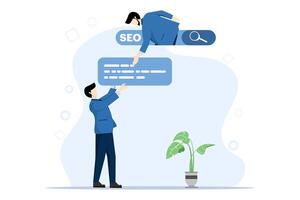 SEO concept, businessman helps optimize website URL to search bar ranking 1, search engine optimization to help website achieve top ranking, website promotion or communication concept. vector