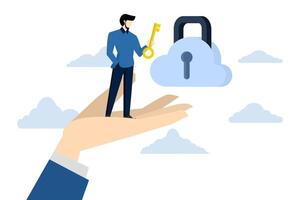 Cloud security system concept, secure shield technology fire safety access online company server, protect information for remote work, businessman hand holding floating cloud padlock with security key vector