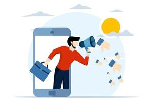 cyber bullying concept, internet haters, angry social media, dislike or negative feedback from remote work, angry young man from mobile phone shouting in megaphone with negative thumbs down symbol. vector