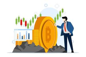 Crypto investment and mining. Digital assets. cryptocurrency vector illustration. Cryptocurrency or crypto digital money mining element. People hold and invest in bitcoin.