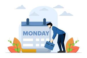 Monday sad, tired and scared with routine office work, businessman tired and sleepy going to work with calendar showing Monday, worker depressed or sad, sleepy and frustrated on Monday morning. vector