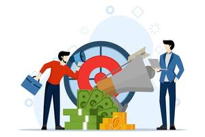 planning and strategy, business target concept, business analyst and teamwork, achievements, arrows, characters working together in achieving goals. vector flat illustration on white background.