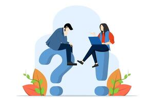 Question and answer concept, Q and A, FAQ, frequently asked questions, discussion to solve problems, businessman and woman asking and answering questions, brainstorming conversation or quiz concept. vector