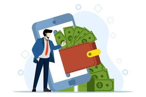 digital money concept wallet online payment banking technology transaction. Concept of online payment and digital billing. Mobile banking application and payment by credit card. Vector illustration.