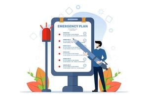 Business emergency plan concept, checklist to do in disaster, continuing business and building resilience concept, smart businessman leader holding pencil with siren flashing emergency plan paper. vector