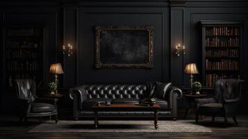 AI generated Luxury black leather sofa in classic interior. 3d render. Home library, study. photo