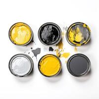 AI generated The used paint cans. Jars with yellow, black and gray paint on a white background. Cans with yellow, grey and black paint , top view. photo