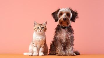 AI generated Studio portrait of a Yorkie and a kitten with copy space. Touching friendship between a puppy and a kitten. Cute pet couple isolated on soft peach background. photo