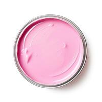 AI generated Open tin can of pink nail polish on white background, top view photo