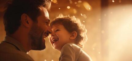 AI generated Father and his little daughter play and laugh together. Portrait of a loving father on a golden blurred background. photo