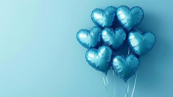AI generated Blue heart-shaped balloons on a blue background. Foil balloons - love concept. Balloons. Seven blue foil balloons in the shape of a heart on a blue background. photo