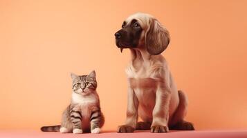 AI generated Cute puppy and tabby kitten sitting together on peach background, Pantone color 2024. photo