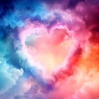AI generated Heart shaped cloud in the blue sky, valentine day background. Nebula Heart for Valentine Day in the clouds. photo