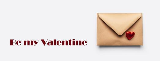 AI generated Kraft envelope with red heart and text on white background. Postcard for February 14th. Love. Minimalism. Copy space. Flat lay, top view. photo