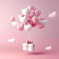 AI generated Heart-shaped balloons and gift box on a pink background and in the clouds. Valentine's Day background with gift box and pink heart balls. photo