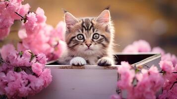 AI generated Cute Siberian kitten sitting in wooden box with pink flowers. Cat with spring flowers in pink box. photo