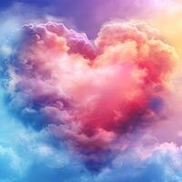 AI generated Love in the clouds. Cloudy sky. Sunlight in heart-shaped clouds. Abstract landscape, sky. Beautiful sunset. Atmospheric front in the shape of a heart, the magic of nature. photo