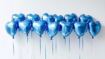 AI generated Sky blue gel beads are isolated on a white background with space for text. Blue balloons in shape of heart. 13 metallic blue balls with copy space. Love concept. photo