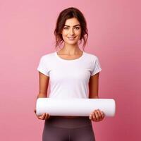 AI generated Young girl in a white T-shirt on a pink background with a place for advertising. Cropped shot of unknown woman poses with sport equipment. The concept of a healthy lifestyle. photo