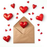 AI generated Open envelope made of Kraft paper with a red heart and on a white background. Valentine day greeting concept. Envelope and red hearts. photo