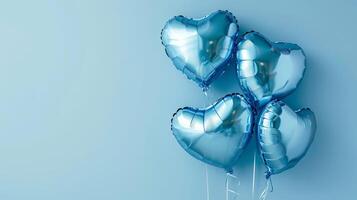 AI generated Four shiny blue heart shaped balloons floating on a light blue background with copy space. photo