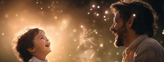 AI generated Happy father and child play against the background of bokeh lights and fireworks. Festive background, delight and happiness. Happy family concept. photo